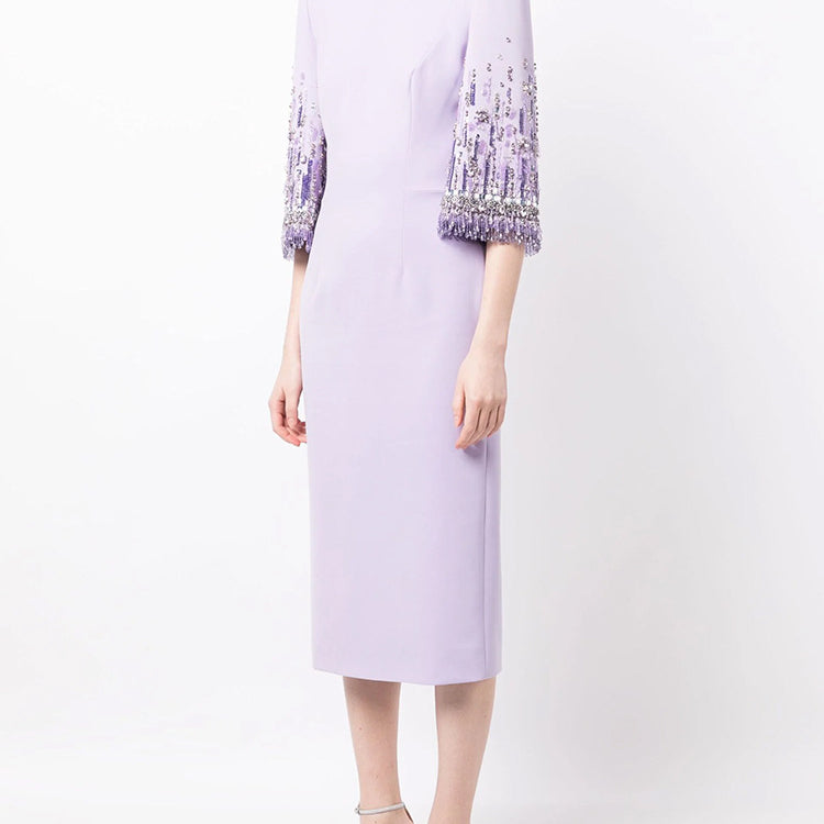 Lavender midi dress with embellished sleeves from the Diamond Embedded Mid Length Dress collection