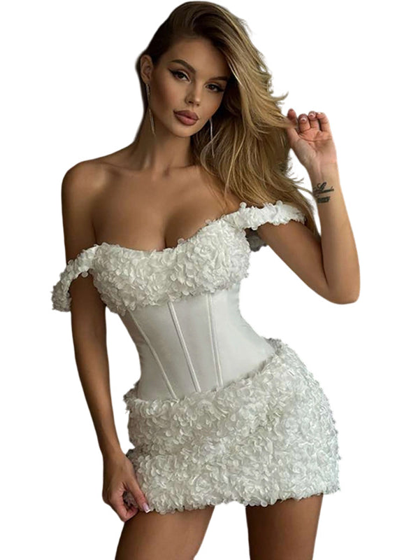 White langry floral corset dress with off-shoulder lace