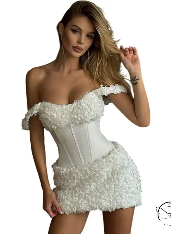White floral corset langry dress with off-shoulder lace detailing