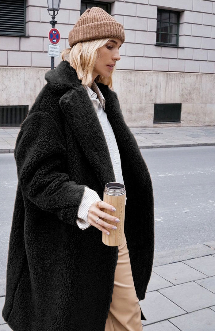 Langry fashion black plush teddy casual faux fur coat