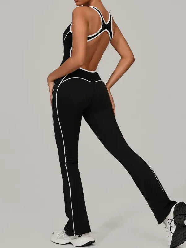 Black langry fashion yoga jumpsuit with white stripes and pockets