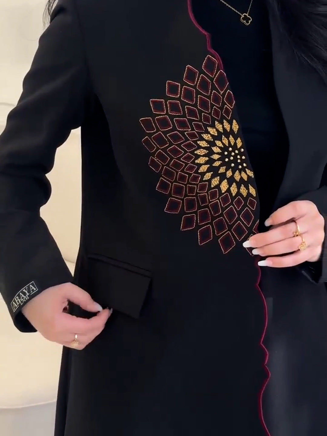 Cozy embroidery loose long trench coat in black with gold burgundy geometric design