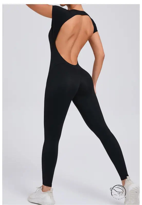 Langry black tight quick-drying yoga bodysuit with cutout back, fashion ملابس