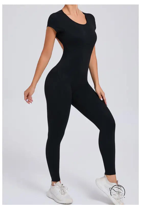 Langry black form-fitting yoga bodysuit with side cutout, fashion ملابس