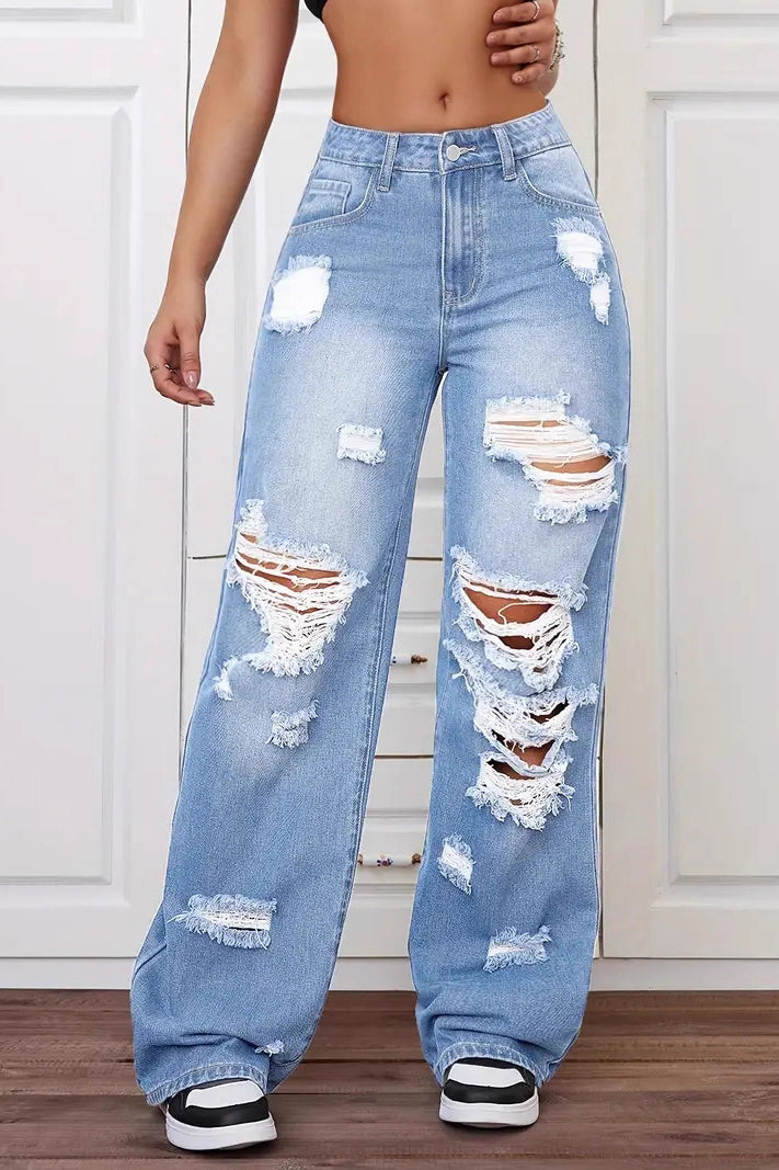 Light blue langry fashion ripped high-waist wide-leg denim trousers