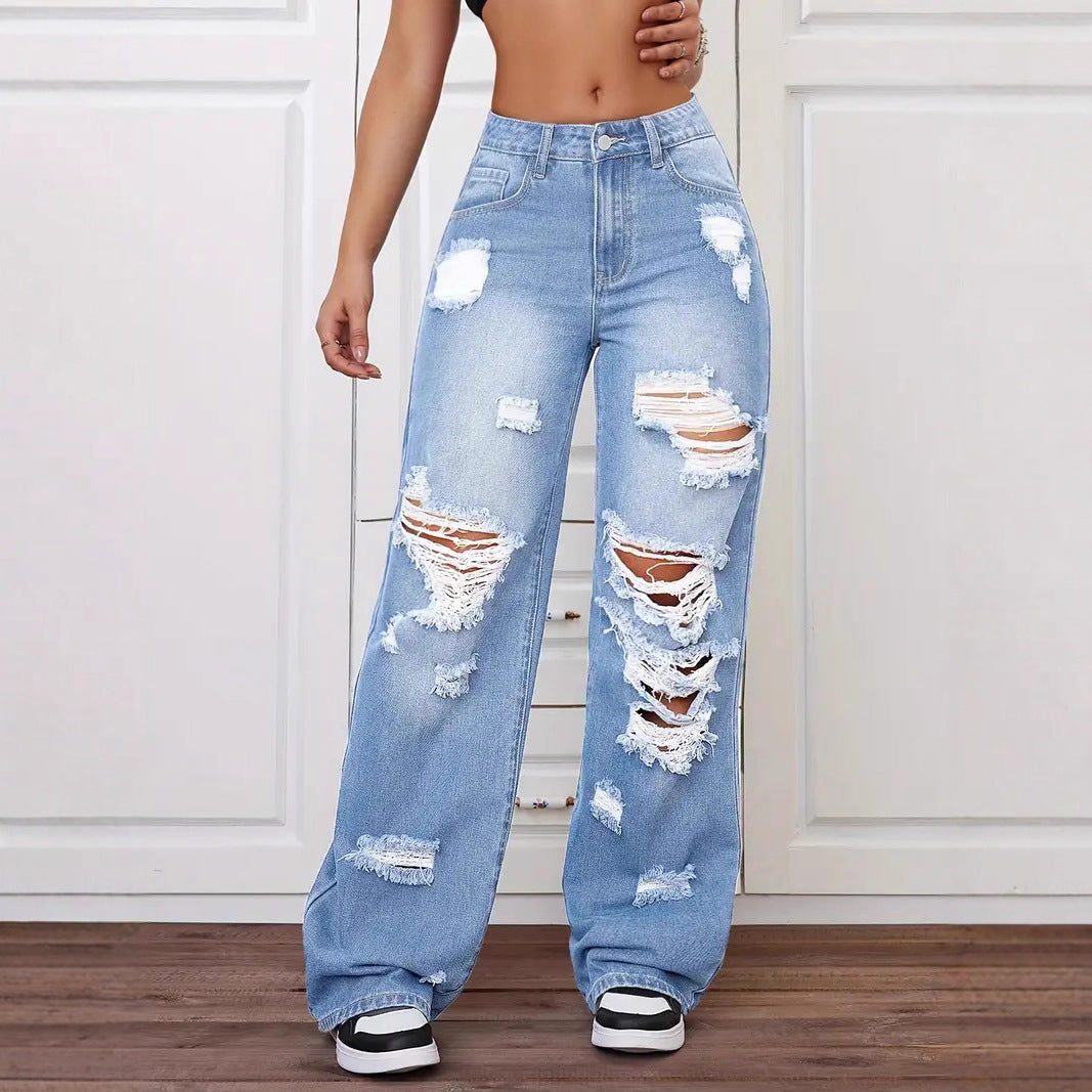 Light blue langry fashion ripped high-waist wide-leg denim trousers