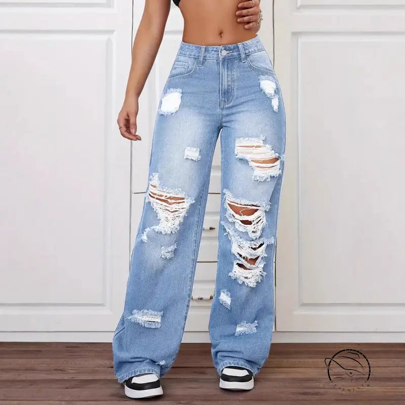 Light blue distressed high waist langry fashion jeans with ripped details
