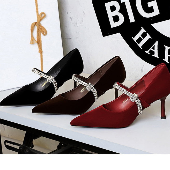 Elegant black and burgundy high-heeled Langry fashion shoes with rhinestone accents