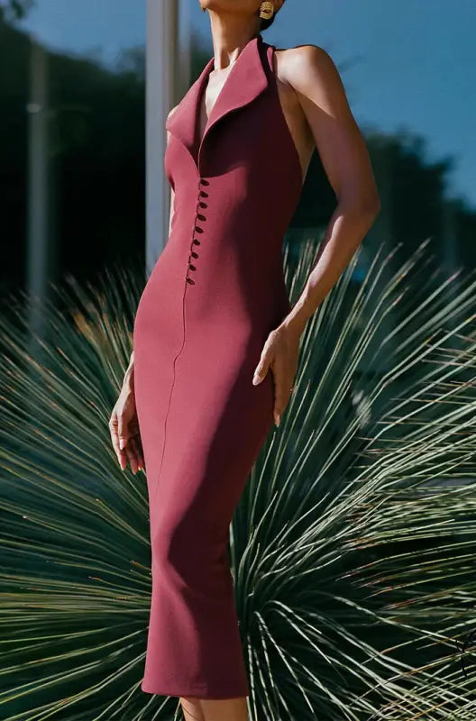 Burgundy halter midi dress with buttons, skinny sheath fashion style