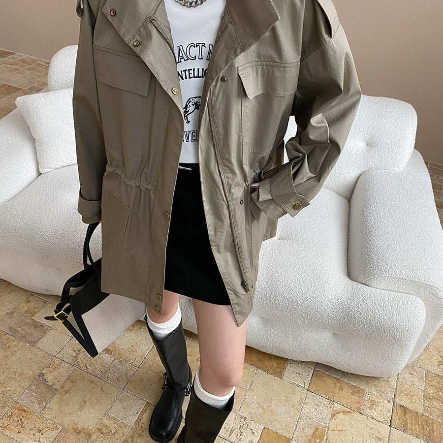 Langry fashion khaki utility trench coat with black accents and silver hardware