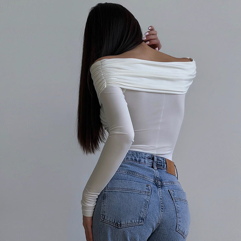 Langry fashion white off-shoulder bodysuit with jeans and ruched details