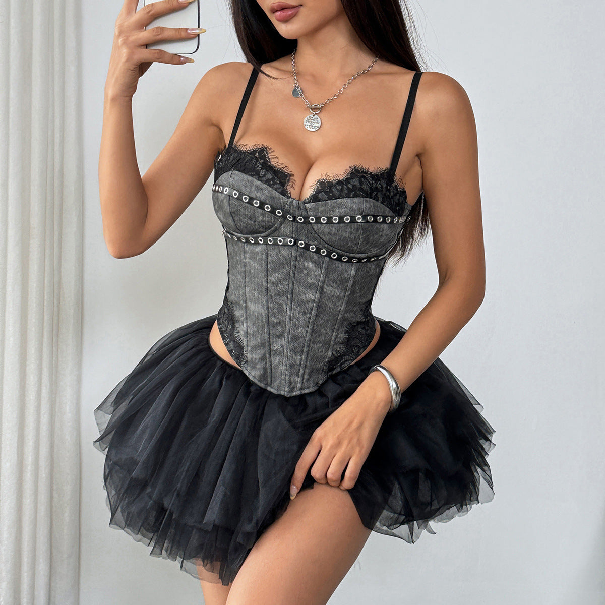 Chic design lace eyelash lace corset with steel ring boning, tulle skirt, silver accents