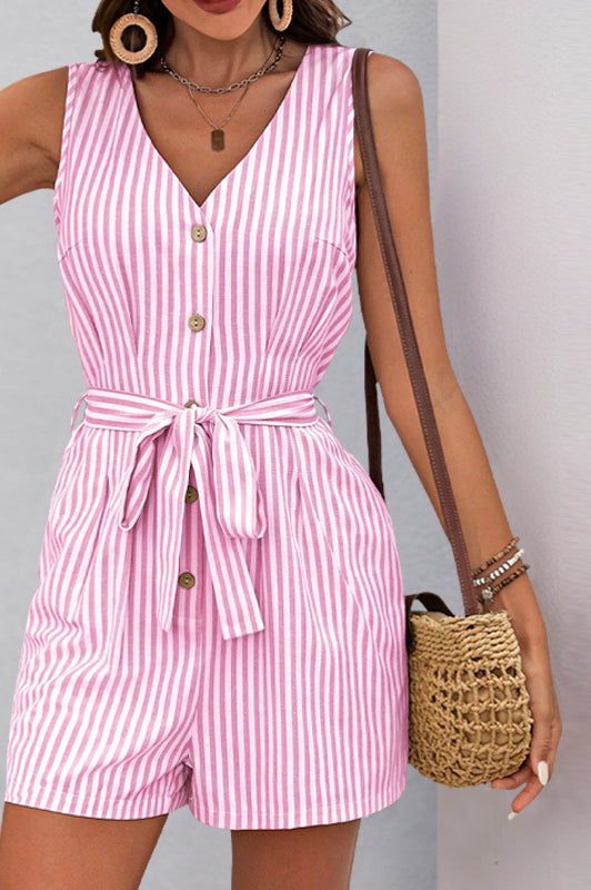 Pink and white striped sleeveless romper with buttons and tie waist, perfect summer fashion