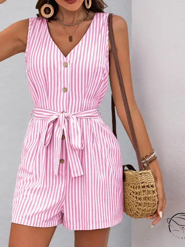 Beautiful summer jumpsuit: pink and white striped sleeveless romper with buttons and tie waist