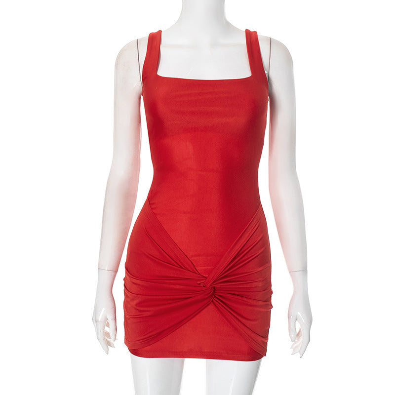 Red sleeveless bodycon dress with twisted detail, perfect for elegant fashion occasions