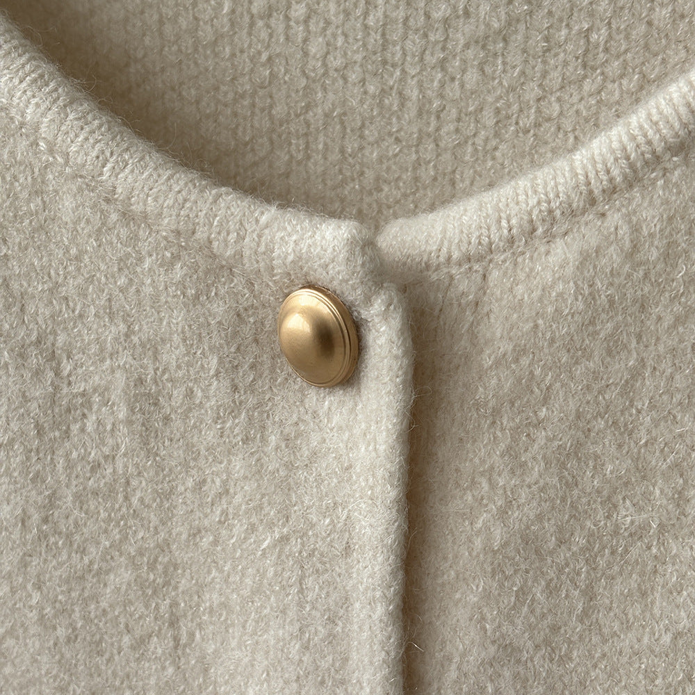 Cream-colored knit cardigan with gold buttons from Gentle Knitted Vest, perfect for langry fashion and ملابس