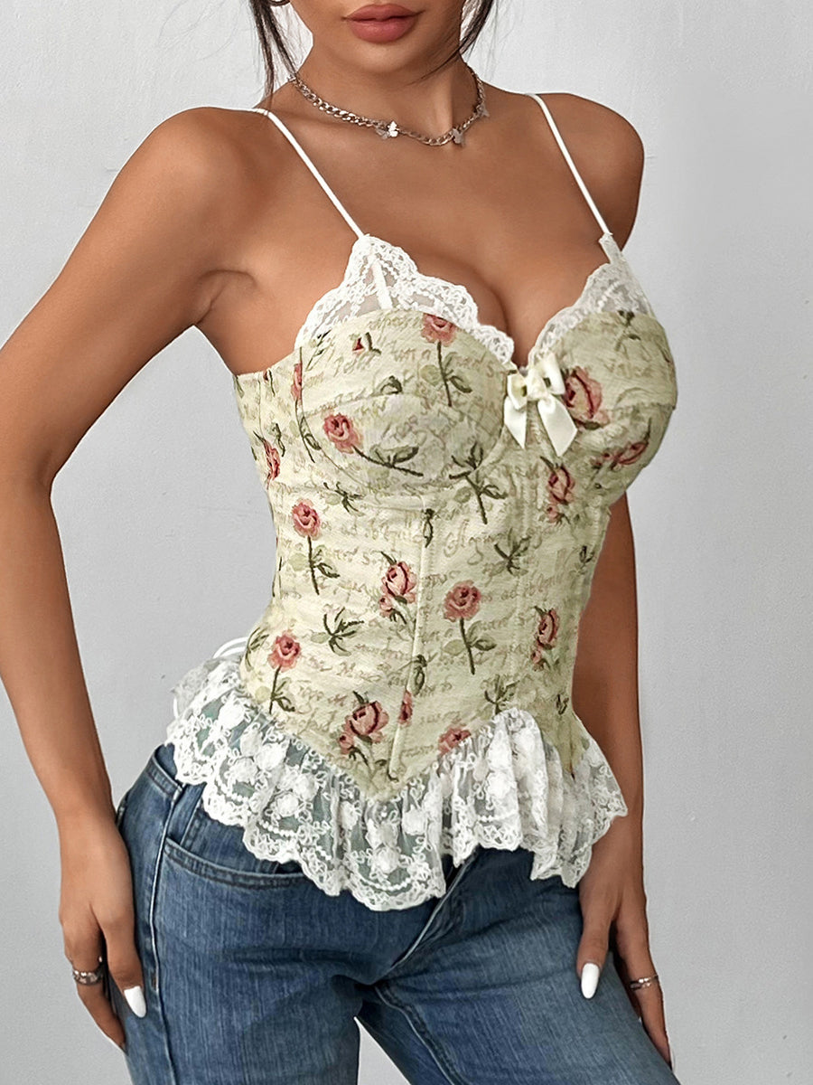 Elegant floral corset top with lace trim from Vintage Jacquard Niche Stitching Lace collection suitable for langry fashion and ملابس selection