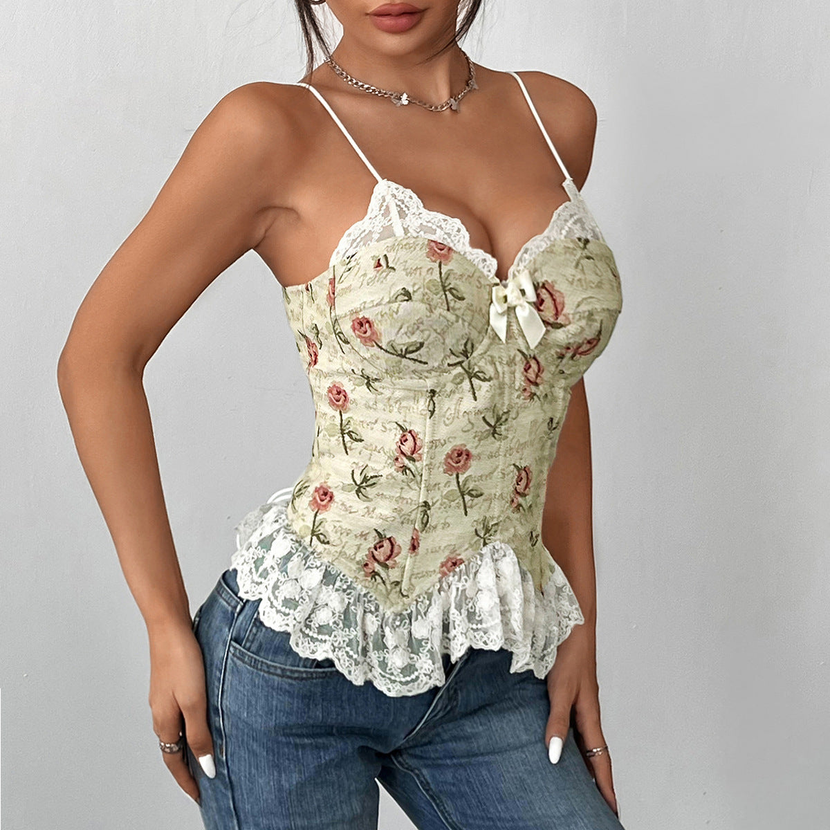 Elegant floral corset top with lace trim from Vintage Jacquard Niche Stitching Lace collection suitable for langry fashion and ملابس selection