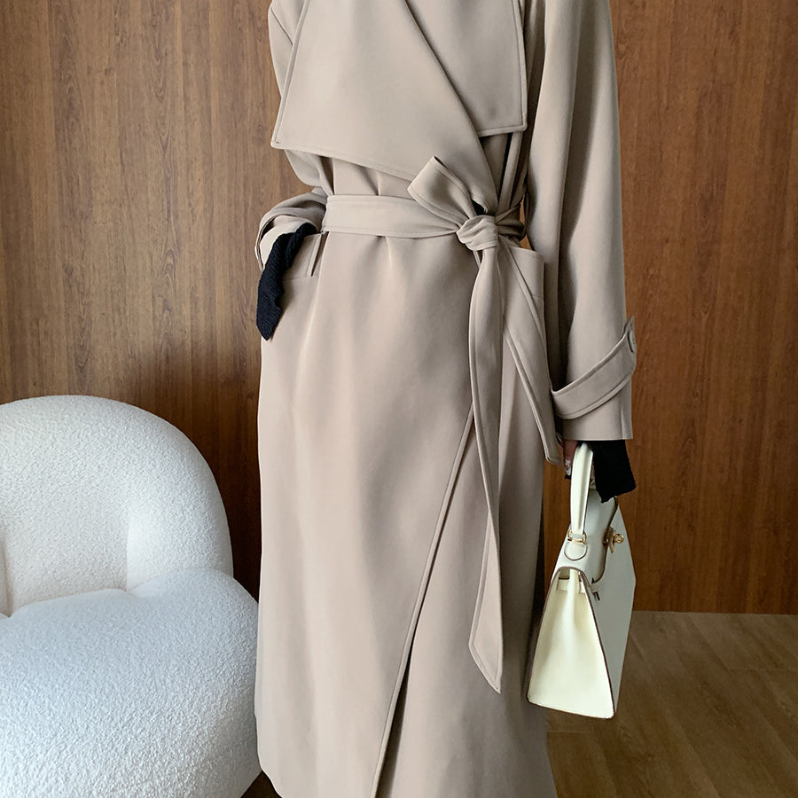 Beige belted trench coat from Cozy Long High End Coat collection, perfect for fashion and ملابس