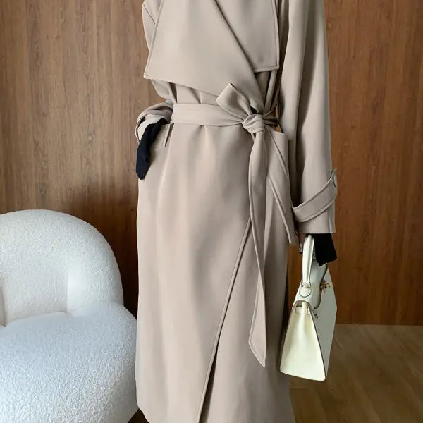 Beige belted trench coat in cozy langry fashion ملابس