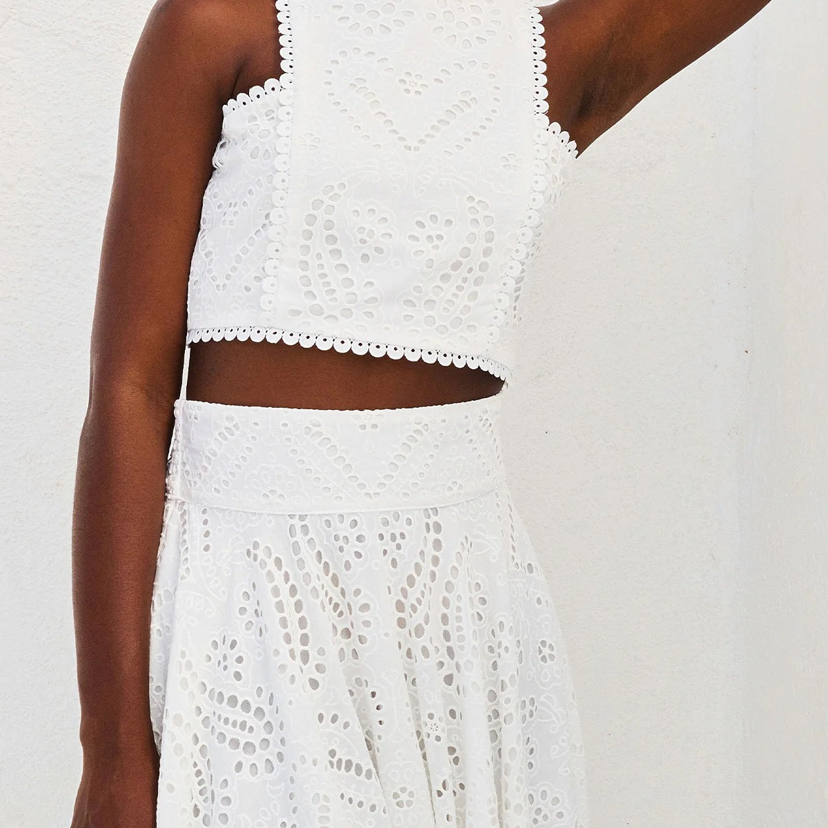 White eyelet crop top and skirt set from Casual Vacation Loose Two Piece Set fashion ملابس