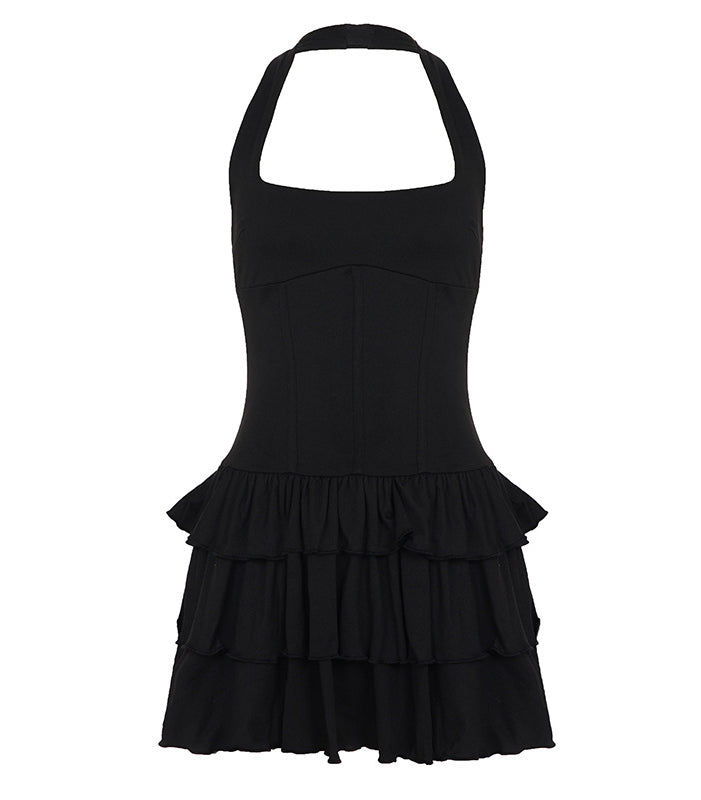 Black halter-neck langry fashion dress with tiered ruffle skirt