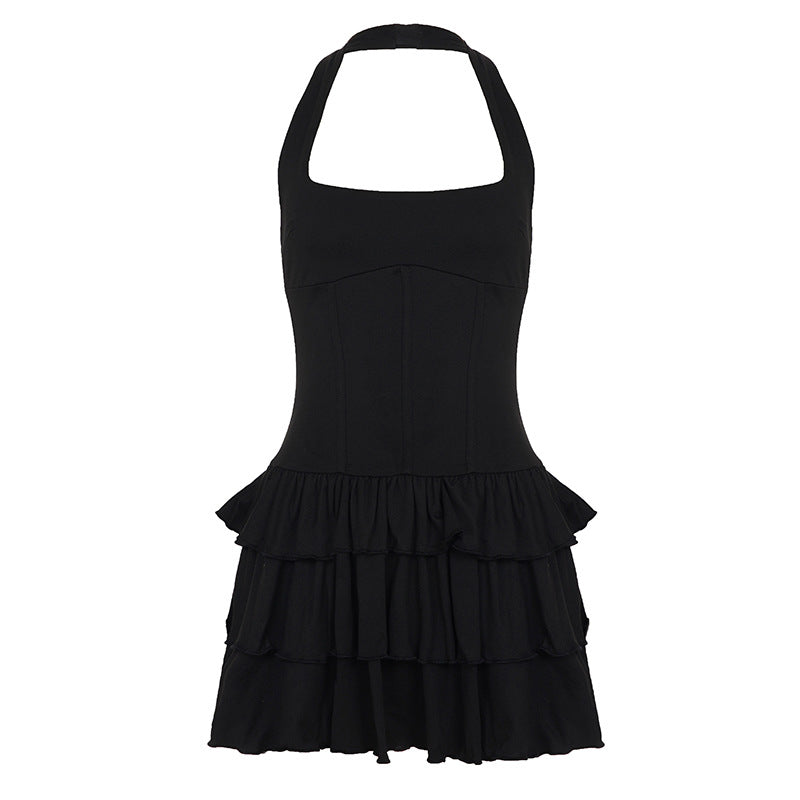 Black halter-neck langry fashion dress with tiered ruffle skirt
