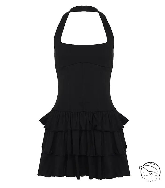 Black halter-neck langry fashion dress with tiered ruffle skirt