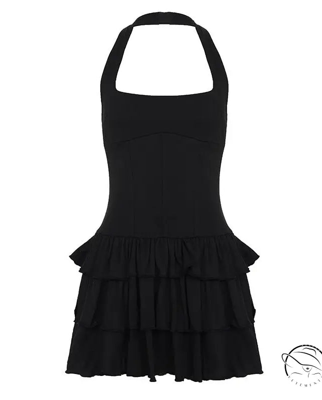 Black halter-neck langry fashion dress with tiered ruffle skirt