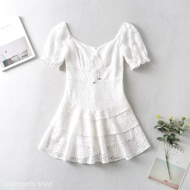 White lace mini dress from ELEGANT SHORT LACE UP DRESS collection, stylish and sophisticated