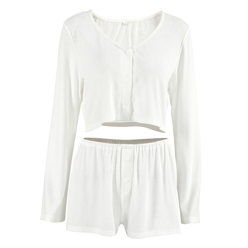 White long-sleeved crop top and shorts set from Knitted Cardigan Shorts Homewear Sets, stylish and comfortable fashion ملابس