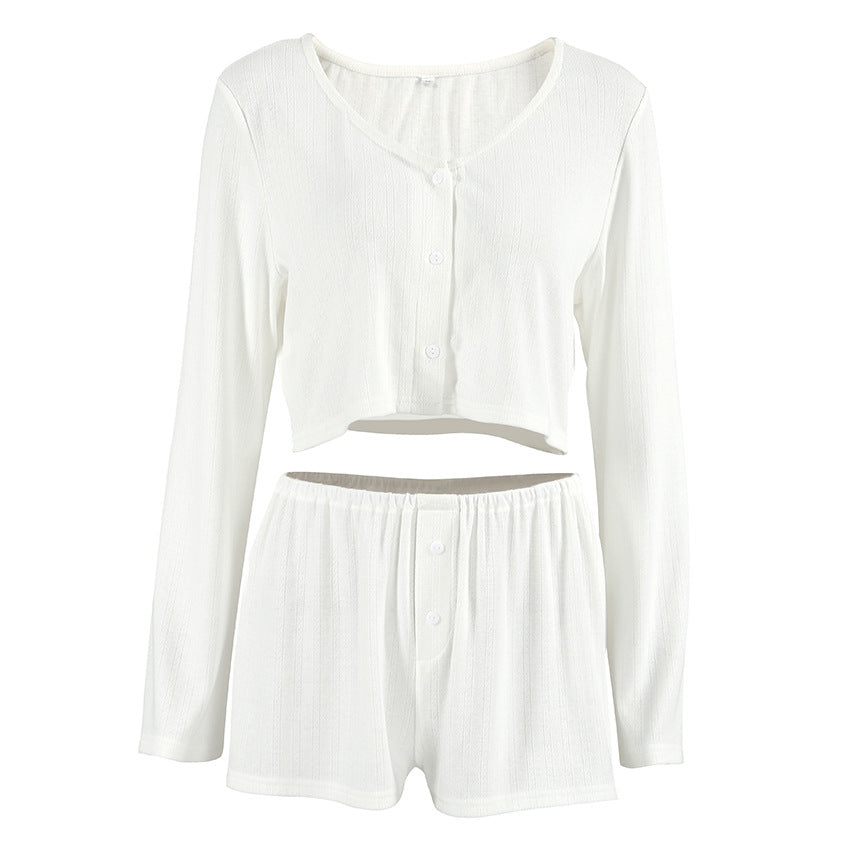 White long-sleeved crop top and shorts set from Knitted Cardigan Shorts Homewear Sets, stylish and comfortable fashion ملابس