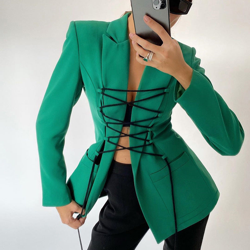 Korean Office Blazer Coat featuring a green blazer with black corset lacing for stylish fashion