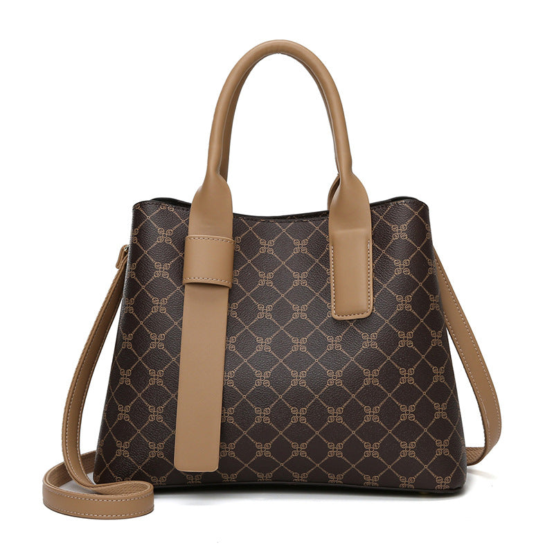 Brown and tan patterned High Grade All Match Handbag with leather handles for fashion