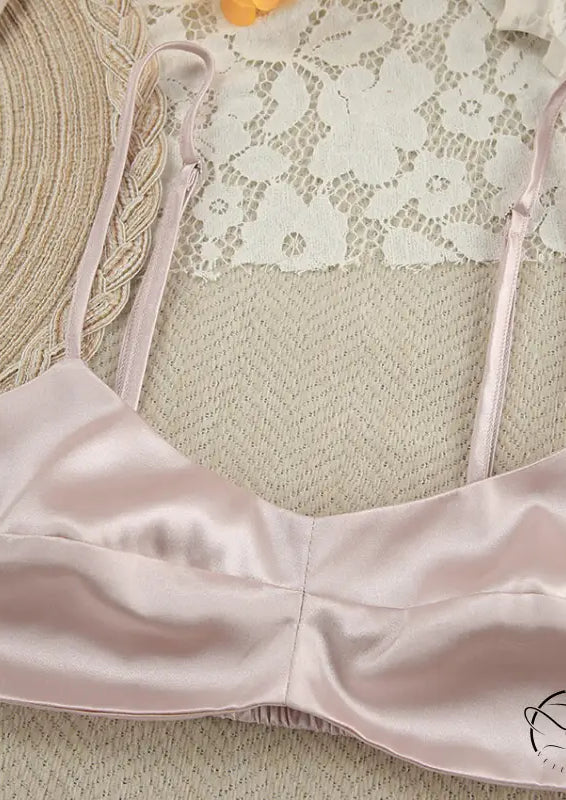 Shiny light pink satin bralette with thin straps in Langry fashion pajamas set