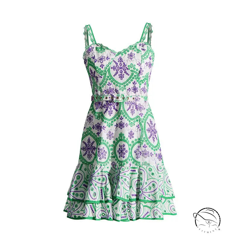 Summer machine embroidery spaghetti strap ruffle dress with floral print