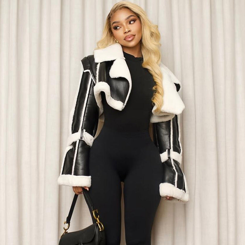 Langry fashion black faux leather cropped coat with fur collar