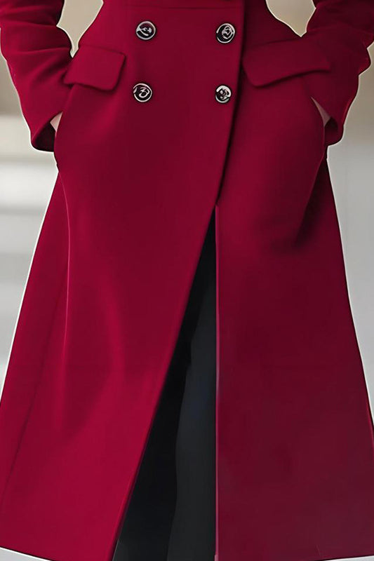 Red double breasted long wool coat in autumn winter fashion