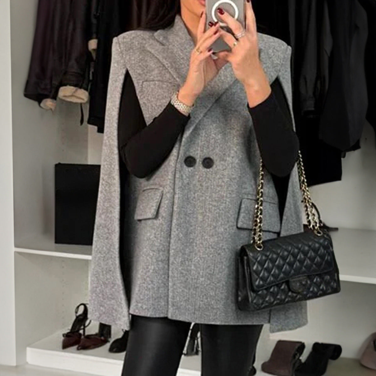 Elegant gray wool winter blazer with black panels, langry fashion