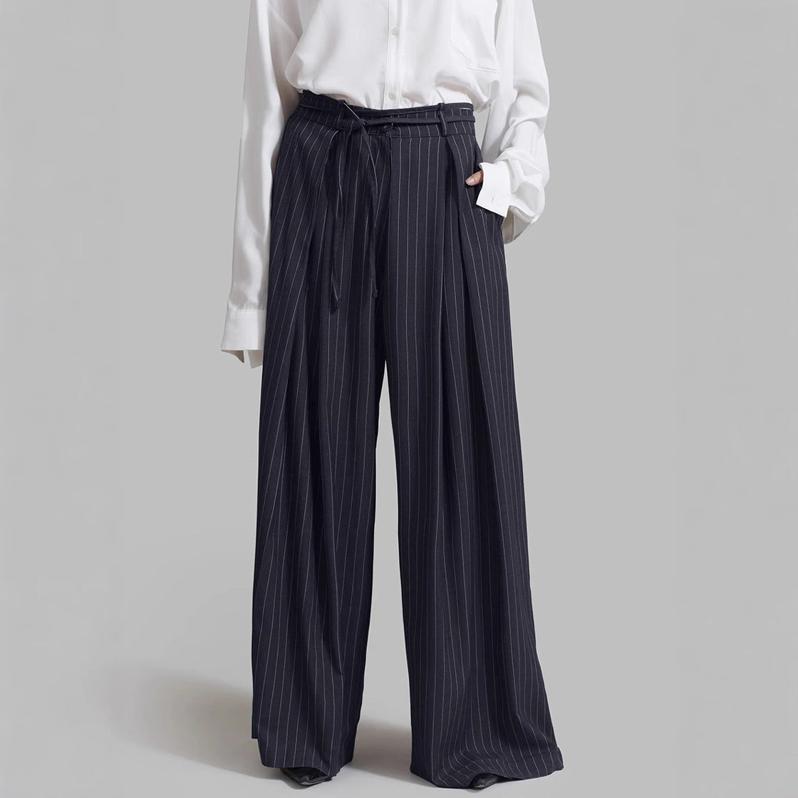 Navy blue pinstripe loose drooping casual work pants with drawstring waist