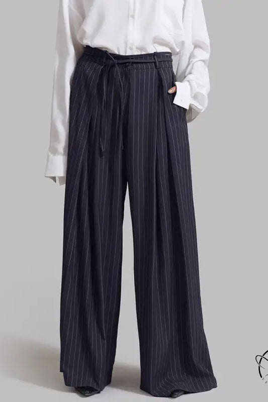 Navy blue pinstripe loose drooping casual work pants with drawstring waist