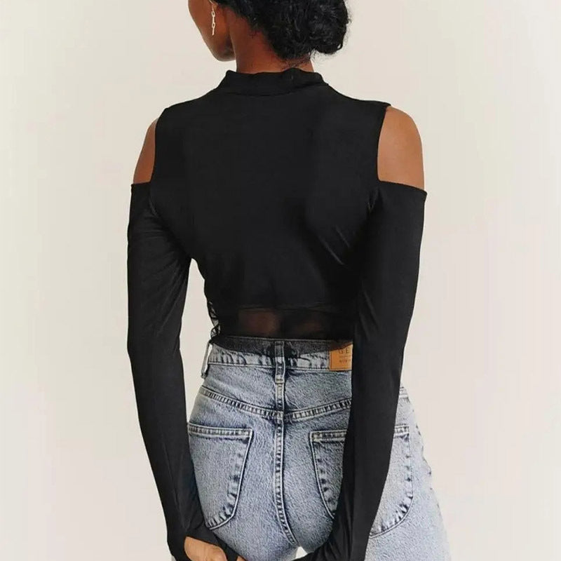 Black cold-shoulder long sleeve crop top with light wash denim jeans in fashion ملابس