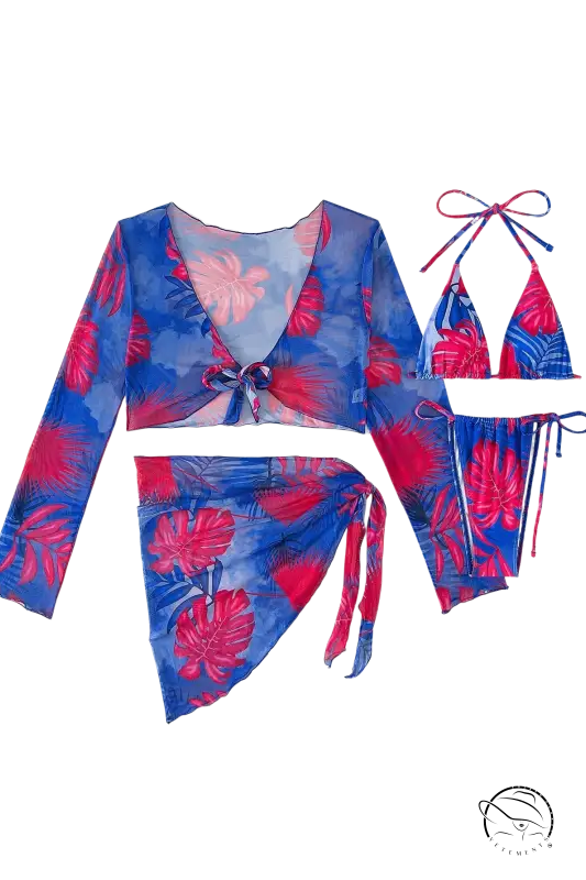 Four piece lace up swimsuit in blue and red tropical leaf print