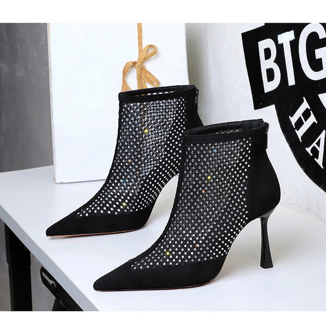 Langry fashion black mesh stiletto ankle boots with rhinestones
