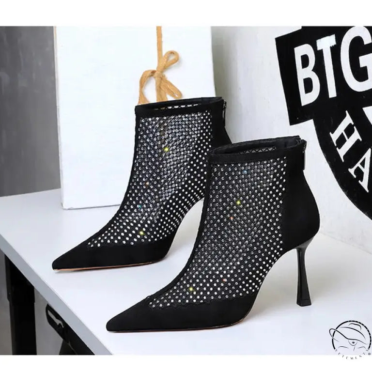 Langry fashion black mesh ankle stiletto boot with rhinestones