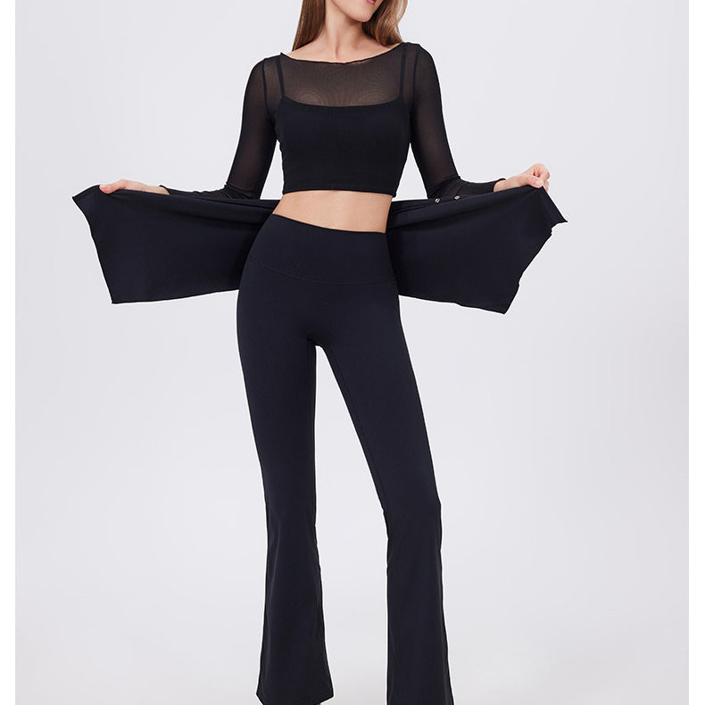 Black mesh crop top with hip lifting nude feel yoga pants and white sneakers