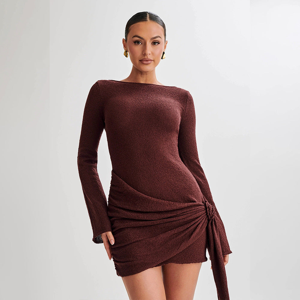 Brown long-sleeved mini dress from Knitted Long-Sleeved Dress collection, perfect for fashionable ملابس