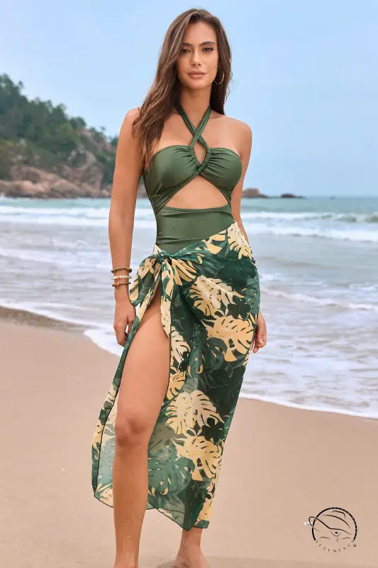 Stunning one piece swimsuit in olive green floral with cutout halter top