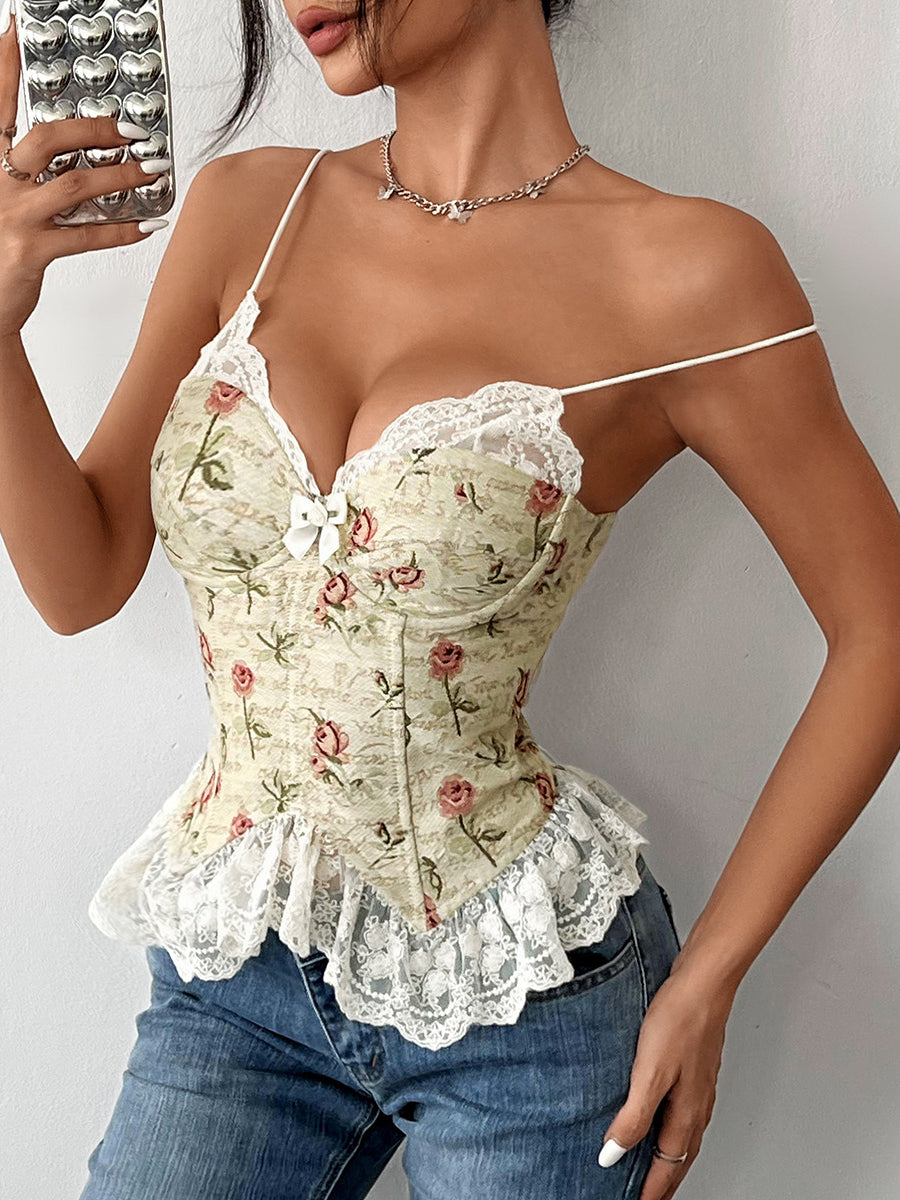 Vintage Jacquard Niche Stitching Lace Corset featuring floral design and lace trim for elegant fashion wear