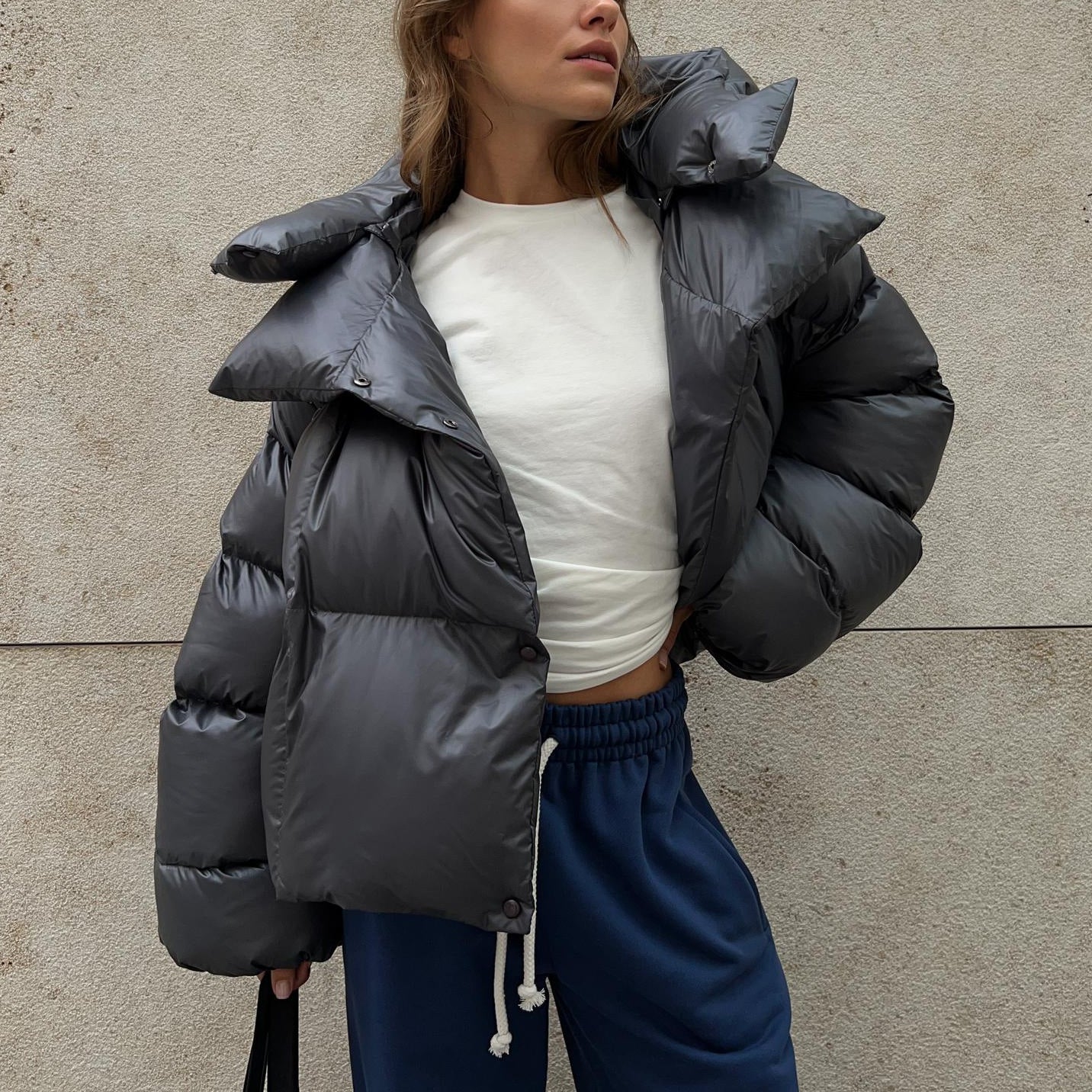 Shiny gray puffer jacket from Langry, perfect for fashionable winter ملابس